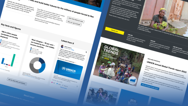 Collage of UNHCR digital content Collage of UNHCR digital content, including statistics on global displacement, refugee facts, a social media post, donation appeal, and a cover image of the 'Global Trends: Forced Displacement in 2022' report showing displaced individuals walking through a forest.