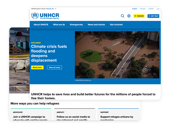 UNHCR home page UNHCR website homepage showing a headline on climate crisis, flooding, and displacement with an aerial image of a flooded community. Navigation menu includes About UNHCR, What we do, Emergencies, News and stories, and Get involved. Below, sections highlight ways to help refugees through advocacy, social media, and supporting artisans.