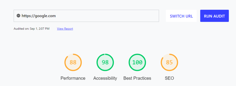 An example of the scores returned from the Google Lighthouse tool