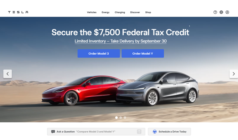 Tesla website homepage Tesla cars model S and Y on a street background