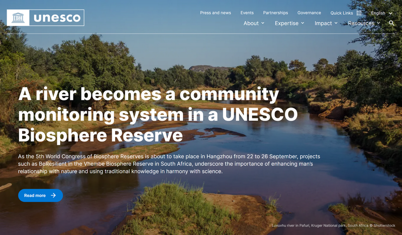 UNESCO Home Page UNESCO home page screenshot with a lake and trees