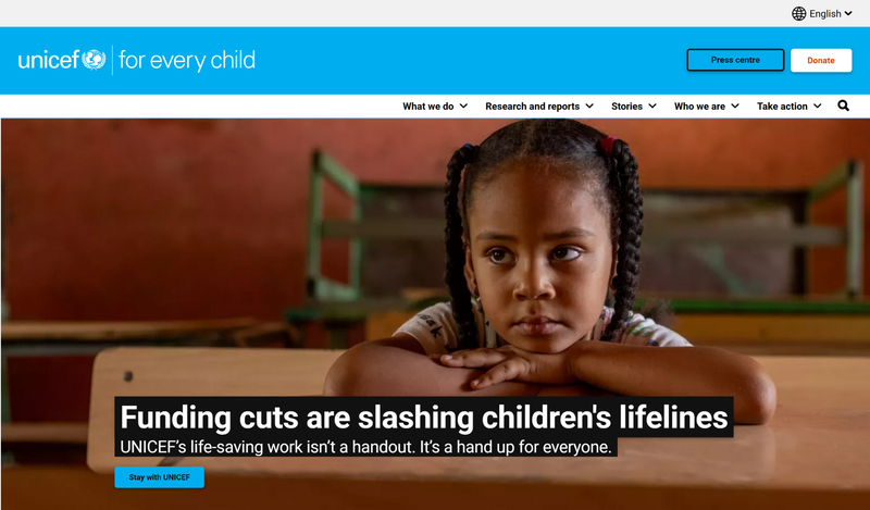UNICEF home page UNICEF home page with an African girl in a classroom