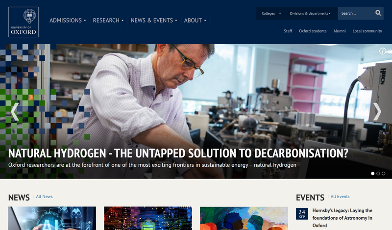Homepage of the National Science Foundation website Homepage of the University of Oxford website featuring a researcher in a laboratory, with the headline ‘Natural Hydrogen – The Untapped Solution to Decarbonisation?’ showcasing Oxford’s focus on sustainable energy innovation