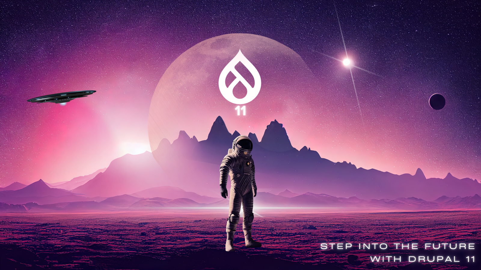 space illustration with Drupal logo 