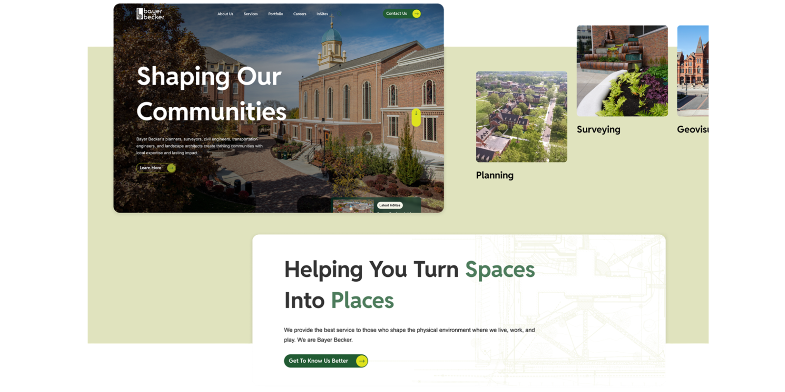 Bayer Becker Website Homepage of Bayer Becker’s website showing the tagline ‘Shaping Our Communities’ alongside a photo of a historic brick building. Additional sections highlight services like Planning, Surveying, and Geo visualization, with another banner stating ‘Helping You Turn Spaces Into Places